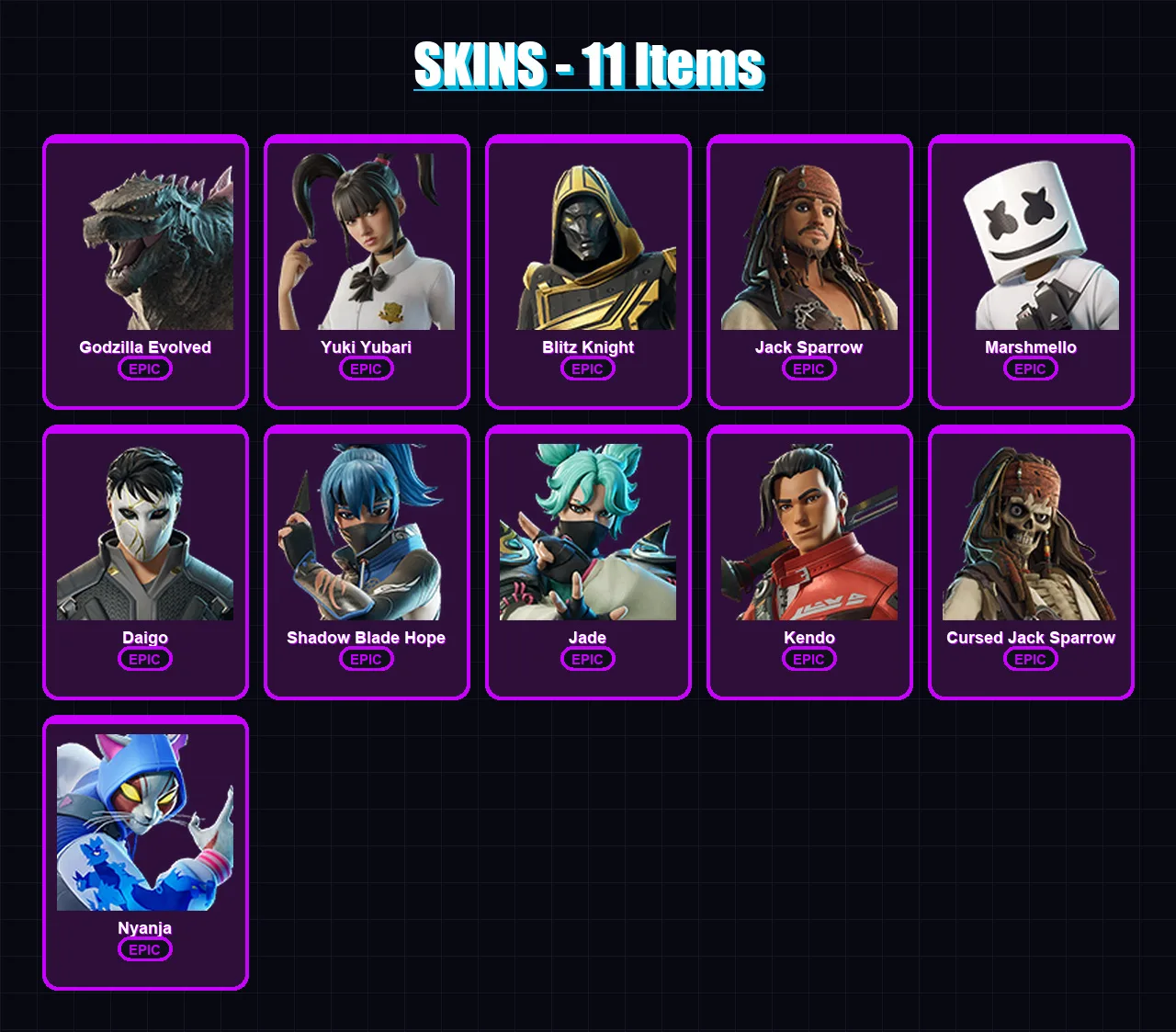 [PC/XBOX/PSN] | Godzilla Evolved | Yuki Yubari | Blitz Knight | Jack Sparrow | Marshmello | 11 skin | 35 pickaxe | 19 emote | 25 glider | Lv301 — Fortnite account