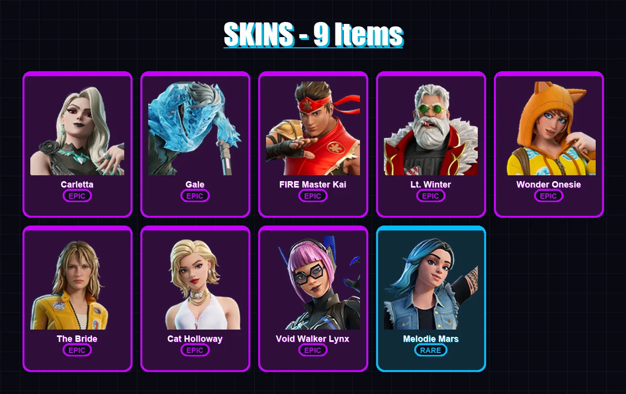 [PC/XBOX/PSN] | Carletta | Gale | FIRE Master Kai | Lt. Winter | Wonder Onesie | 9 skin | 9 pickaxe | 8 emote | 7 glider | Lv28