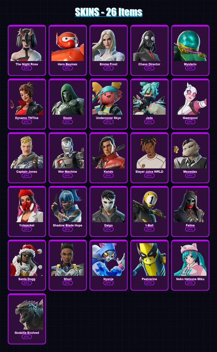 [PC/XBOX/PSN] | The Night Rose | Hero Baymax | Emma Frost | Chaos Director | Mysterio | 26 skin | 60 pickaxe | 38 emote | 41 glider | Lv725