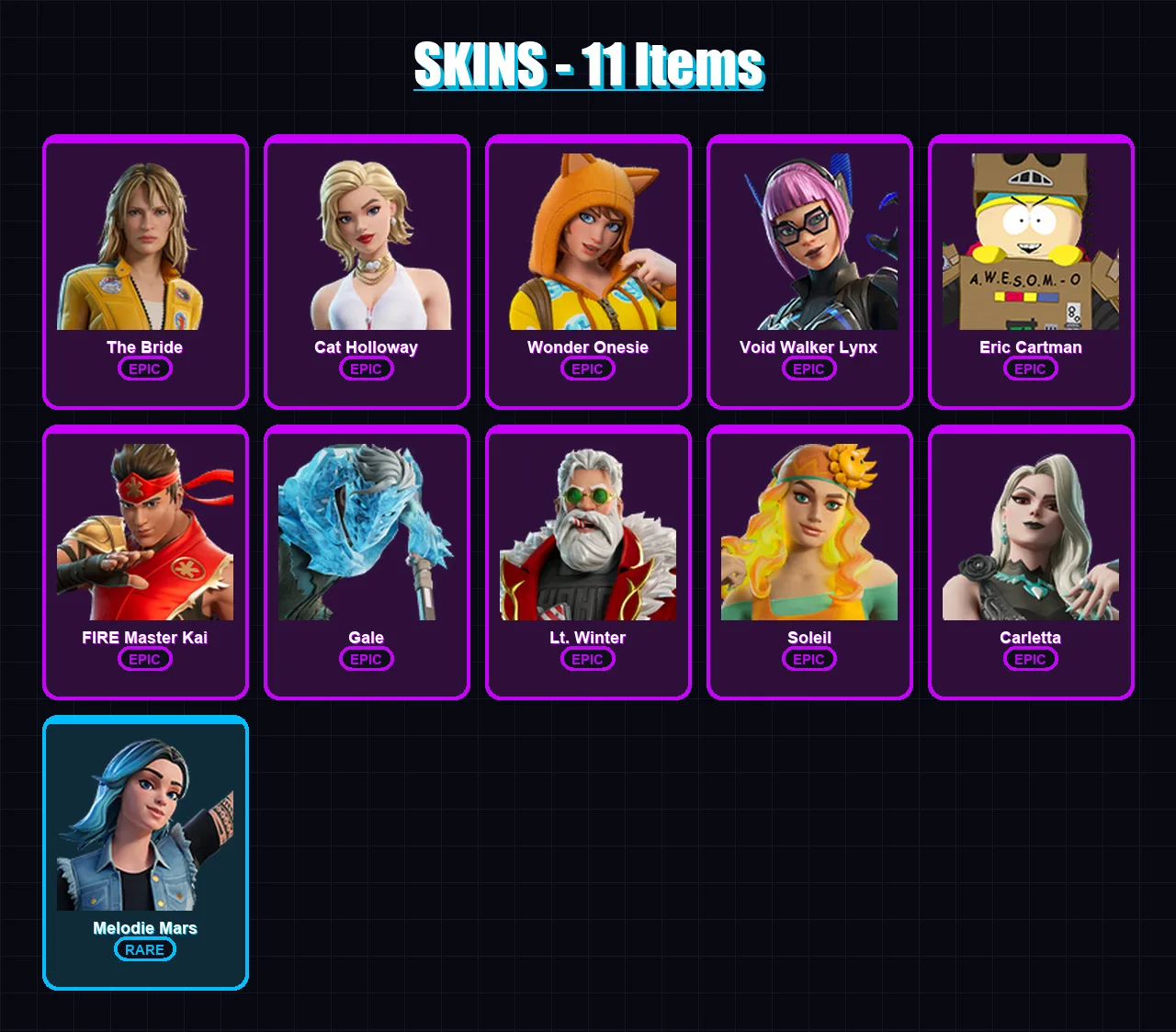 [PC/PSN] | The Bride | Cat Holloway | Wonder Onesie | Void Walker Lynx | Eric Cartman | 11 skin | 14 pickaxe | 10 emote | 10 glider | Lv55