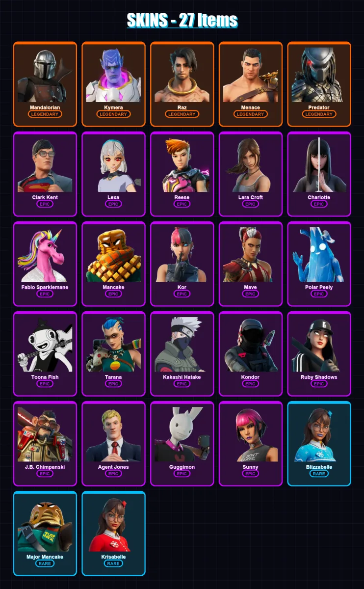 [PC/XBOX/PSN] | Mandalorian | Kymera | Raz | Menace | Predator | 27 skin | 36 pickaxe | 26 emote | 35 glider | Lv418