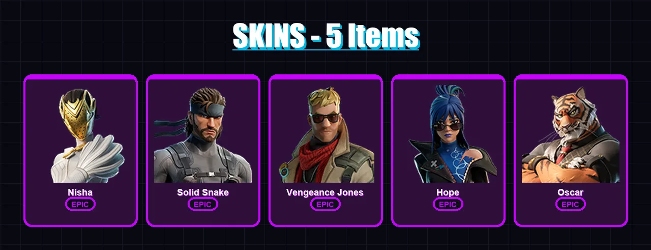 [PC/XBOX/PSN] | Nisha | Solid Snake | Vengeance Jones | Hope | Oscar | 5 skin | 6 pickaxe | 5 emote | 9 glider | Lv76