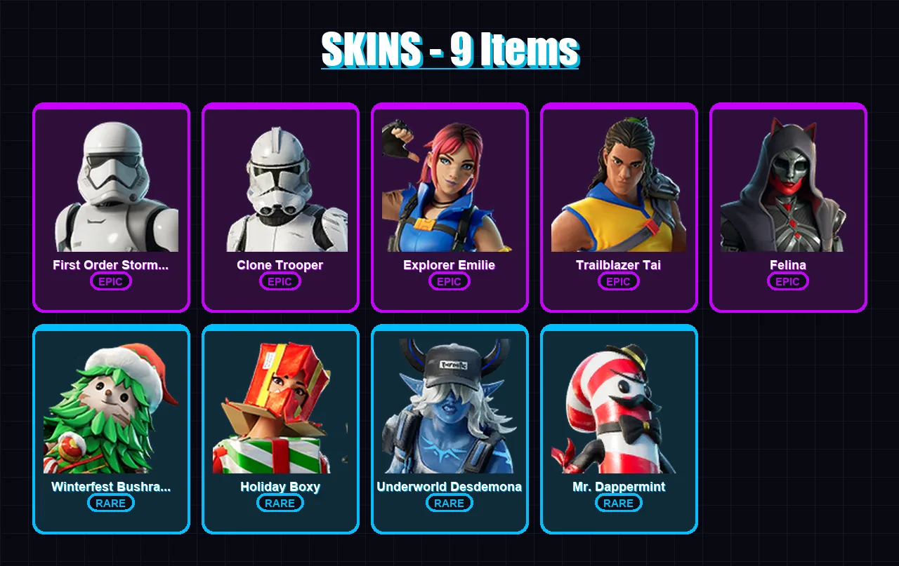 [PC/PSN] | First Order Stormtrooper | Clone Trooper | Explorer Emilie | Trailblazer Tai | Felina | 9 skin | 55 pickaxe | 26 emote | 45 glider | Lv85