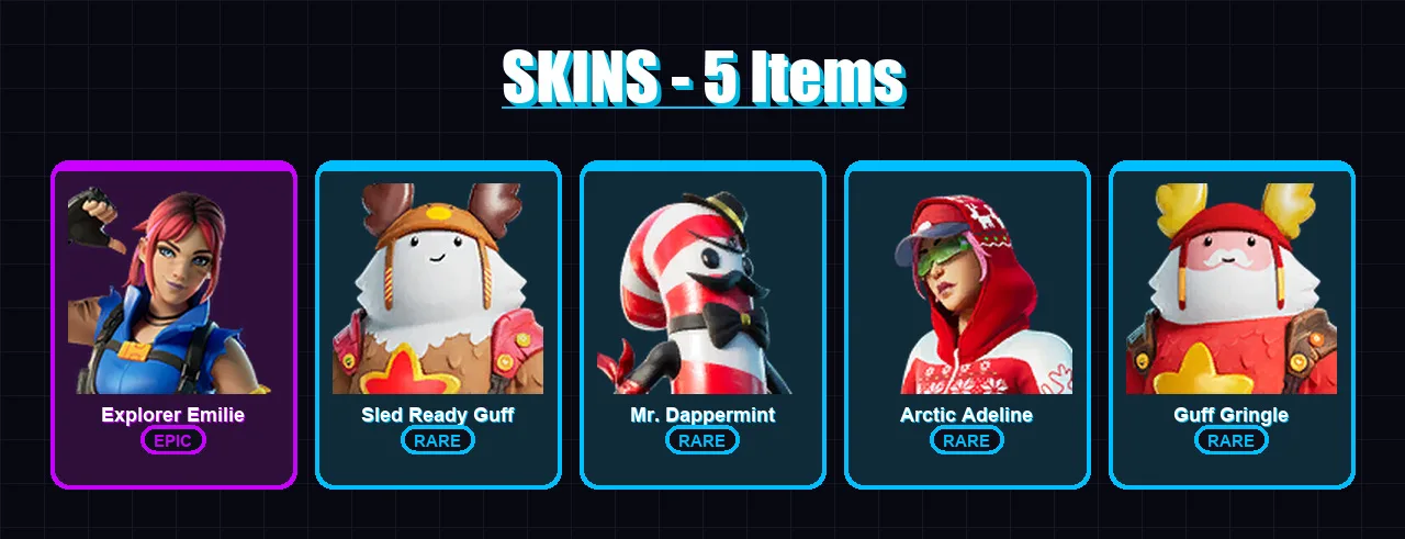 [PC/PSN] | Explorer Emilie | Sled Ready Guff | Mr. Dappermint | Arctic Adeline | Guff Gringle | 5 skin | 7 pickaxe | 8 emote | 7 glider | Lv97