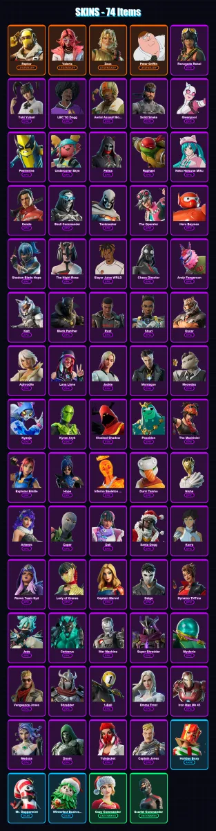 [PC] | Raptor | Valeria | Zeus | Peter Griffin | Renegade Rebel | 74 skin | 110 pickaxe | 62 emote | 67 glider | Lv691 — Fortnite account