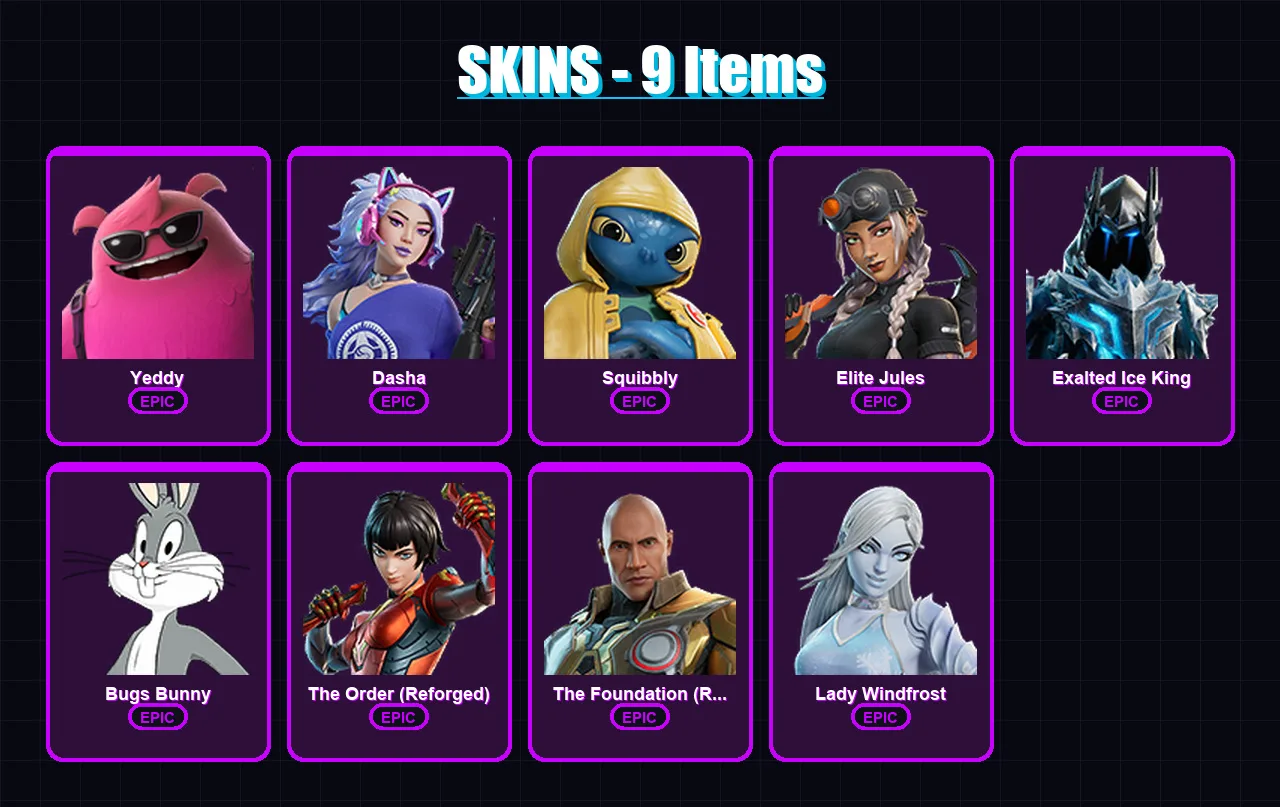 [PC/PSN] | Yeddy | Dasha | Squibbly | Elite Jules | Exalted Ice King | 9 skin | 18 pickaxe | 12 emote | 15 glider | Lv183