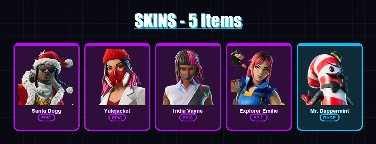 [PC/XBOX/PSN] | Santa Dogg | Yulejacket | Iridia Vayne | Explorer Emilie | Mr. Dappermint | 5 skin | 29 pickaxe | 10 emote | 18 glider | Lv207