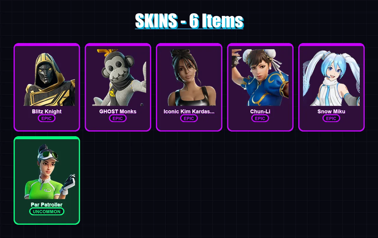 [PC/XBOX/PSN] | Blitz Knight | GHOST Monks | Iconic Kim Kardashian | Chun-Li | Snow Miku | 6 skin | 32 pickaxe | 17 emote | 18 glider | Lv272