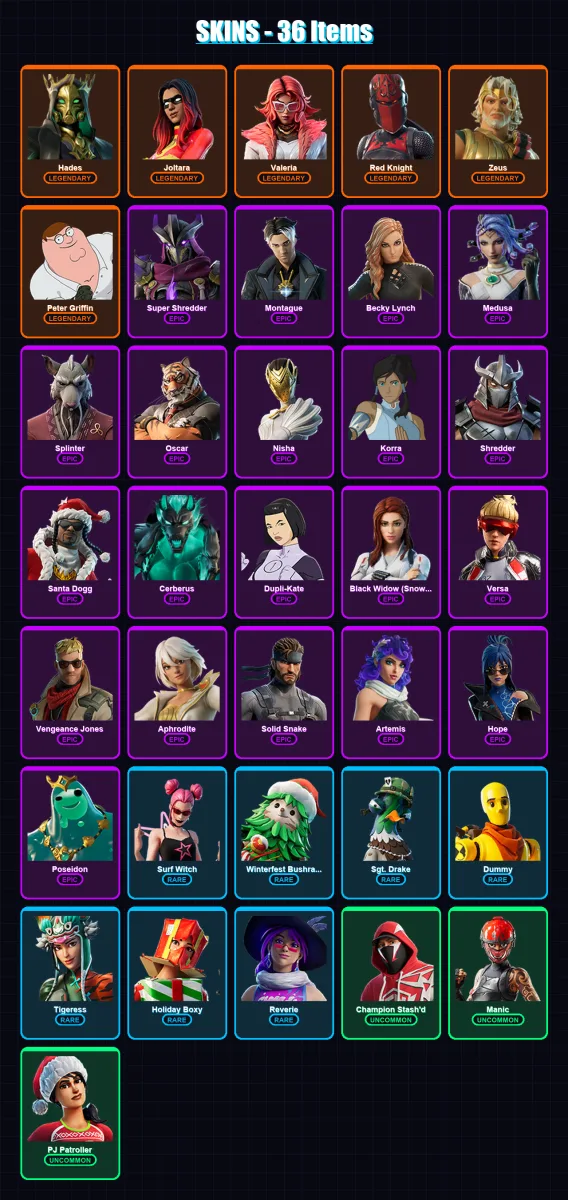 [PC/XBOX] | Hades | Joltara | Valeria | Red Knight | Zeus | 36 skin | 58 pickaxe | 46 emote | 42 glider | Lv525 — Fortnite account