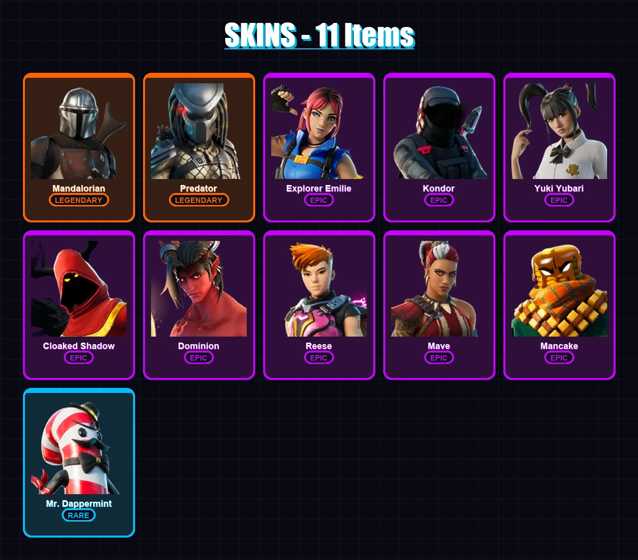 [SWITCH/XBOX/PC] | Mandalorian | Predator | Explorer Emilie | Kondor | Yuki Yubari | 11 skin | 16 pickaxe | 8 emote | 17 glider | Lv179