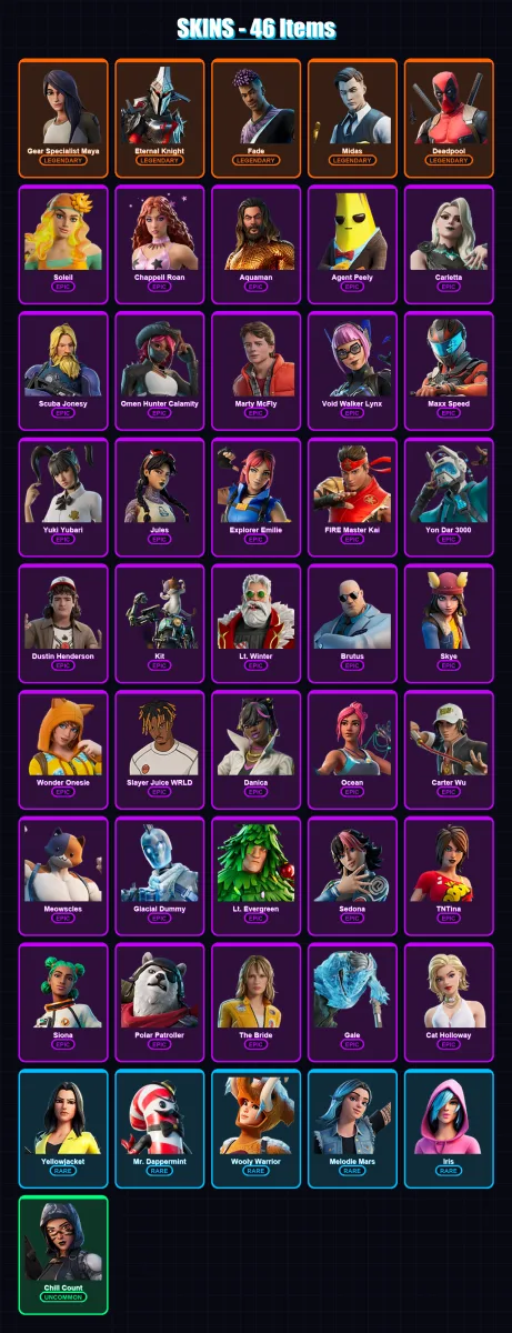 [PC/XBOX/PSN] | Gear Specialist Maya | Eternal Knight | Fade | Midas | Deadpool | 46 skin | 57 pickaxe | 68 emote | 43 glider | Lv701 — Fortnite account
