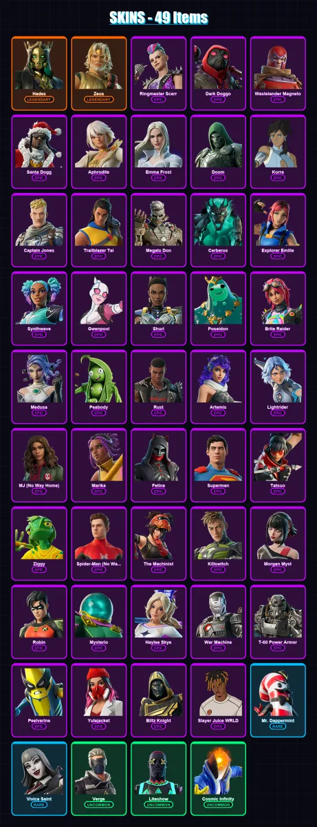 [PC/PSN] | Hades | Zeus | Ringmaster Scarr | Dark Doggo | Wastelander Magneto | 49 skin | 72 pickaxe | 59 emote | 49 glider | Lv786