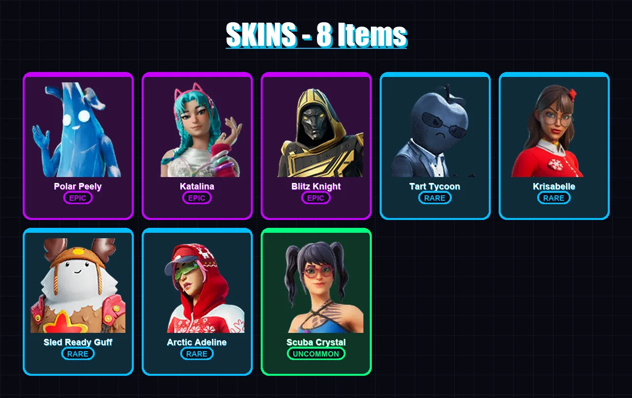 [PS4/PS5/XBOX/PC] | Polar Peely | Katalina | Blitz Knight | Tart Tycoon | Krisabelle | 8 skin | 44 pickaxe | 27 emote | 37 glider | Lv637