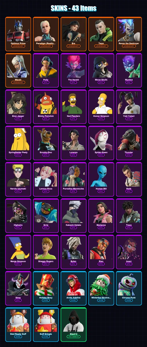 [PC/PSN] | Optimus Prime | Paradigm (Reality-659) | Era | Twyn | Renzo the Destroyer | 43 skin | 62 pickaxe | 43 emote | 52 glider | Lv630