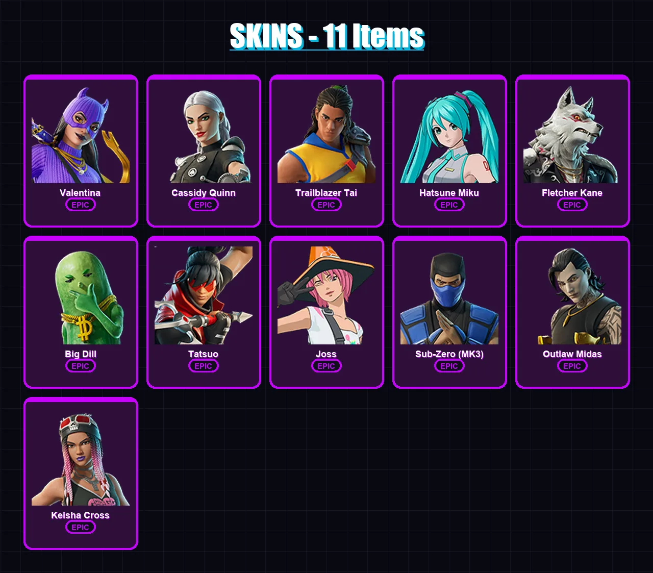 [PC/XBOX/PSN] | Valentina | Cassidy Quinn | Trailblazer Tai | Hatsune Miku | Fletcher Kane | 11 skin | 28 pickaxe | 16 emote | 22 glider | Lv442