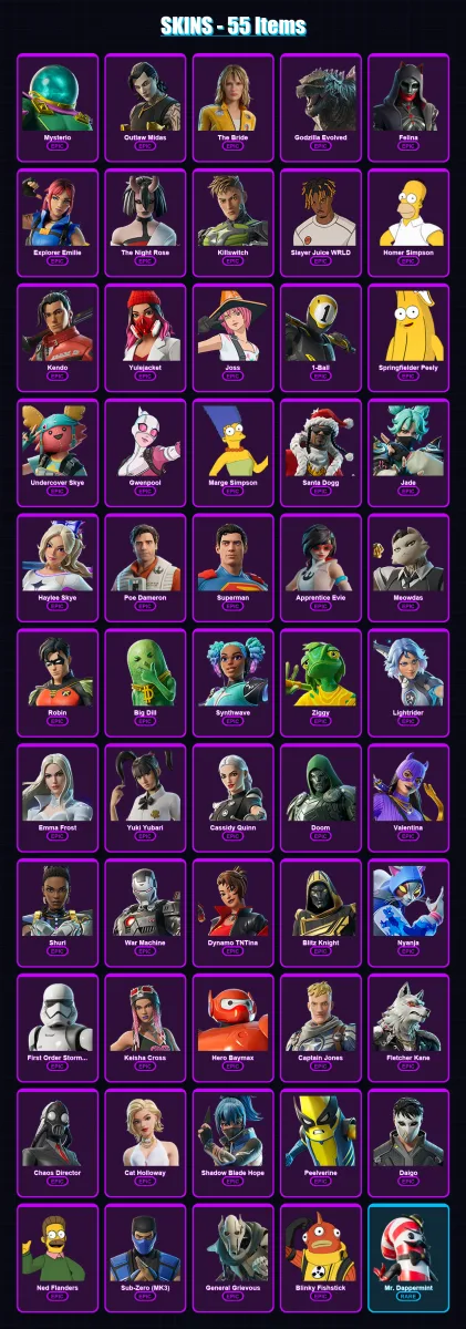 [PS4/PS5/XBOX/PC] | Mysterio | Outlaw Midas | The Bride | Godzilla Evolved | Felina | 55 skin | 88 pickaxe | 61 emote | 59 glider | Lv836 — Fortnite account