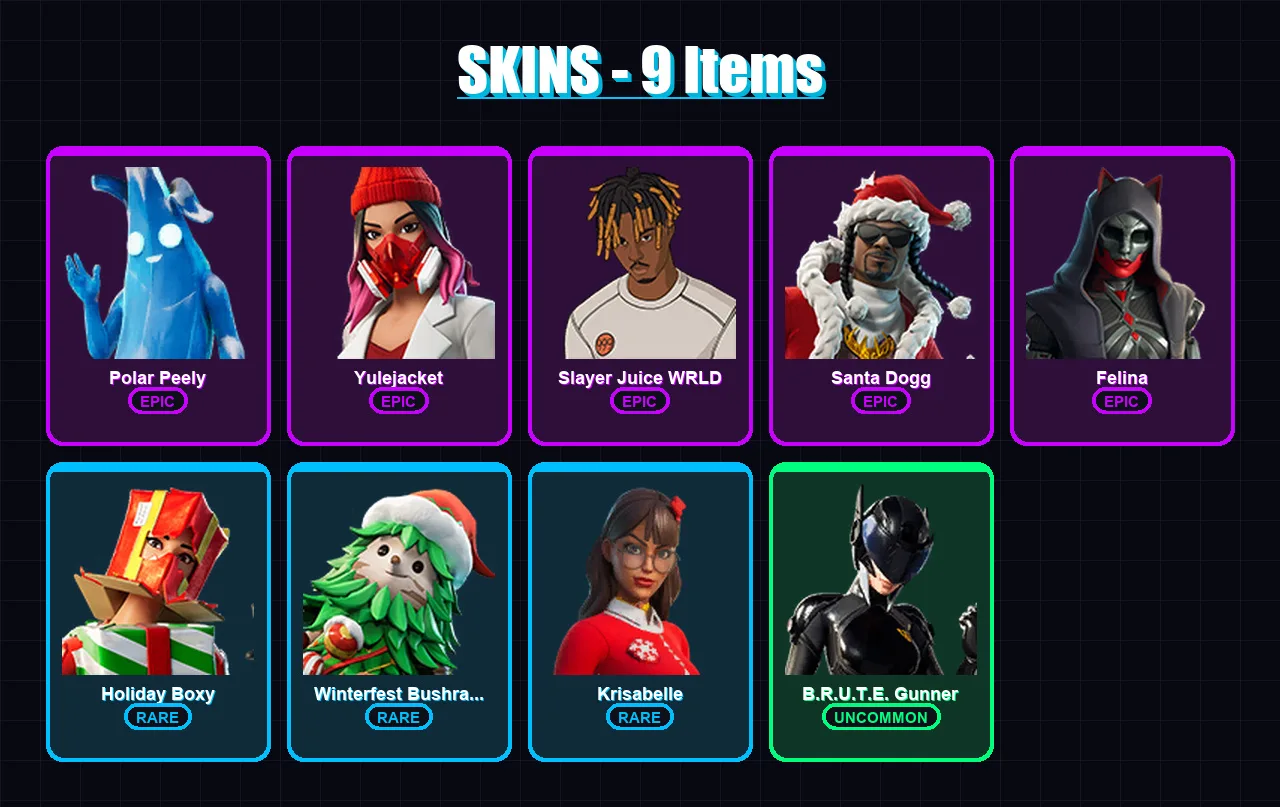 [PC/XBOX/PSN] | Polar Peely | Yulejacket | Slayer Juice WRLD | Santa Dogg | Felina | 9 skin | 47 pickaxe | 22 emote | 44 glider | Lv691