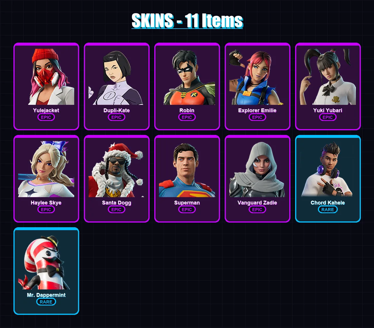 [PC/XBOX/PSN] | Yulejacket | Dupli-Kate | Robin | Explorer Emilie | Yuki Yubari | 11 skin | 48 pickaxe | 21 emote | 34 glider | Lv560