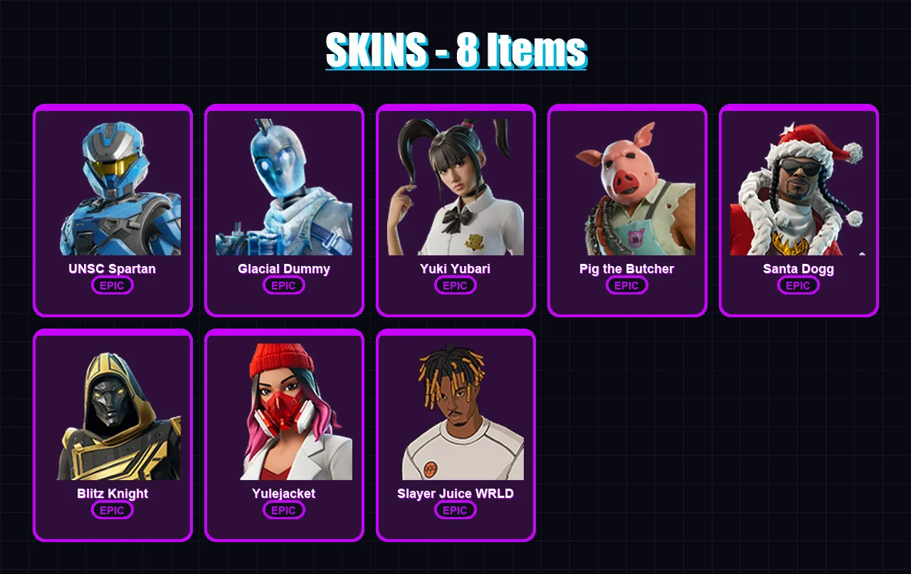 [PS4/PS5/XBOX/PC] | UNSC Spartan | Glacial Dummy | Yuki Yubari | Pig the Butcher | Santa Dogg | 8 skin | 59 pickaxe | 25 emote | 32 glider | Lv592