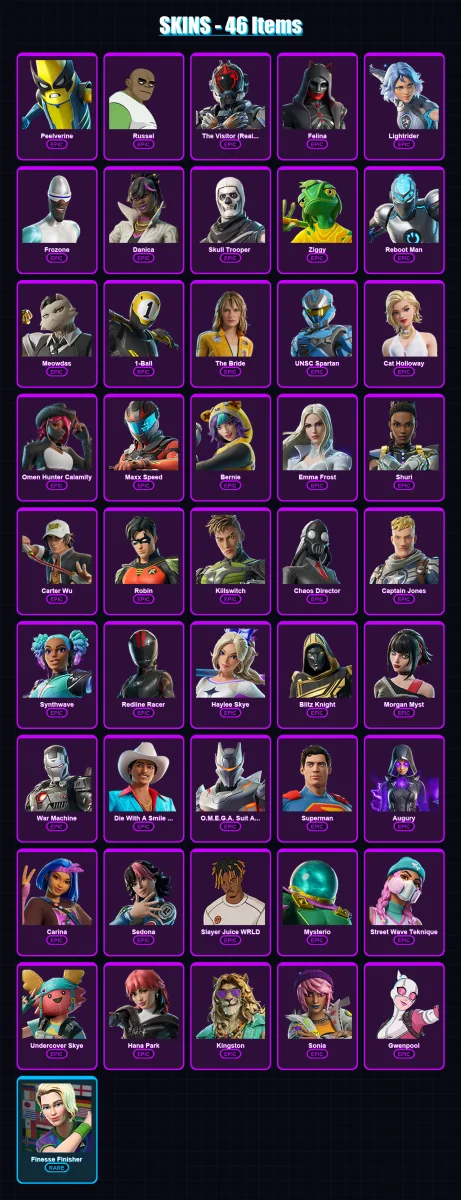 [PS4/PS5/XBOX/PC] | Peelverine | Russel | The Visitor (Reality Unknown) | Felina | Lightrider | 46 skin | 69 pickaxe | 44 emote | 36 glider | Lv500