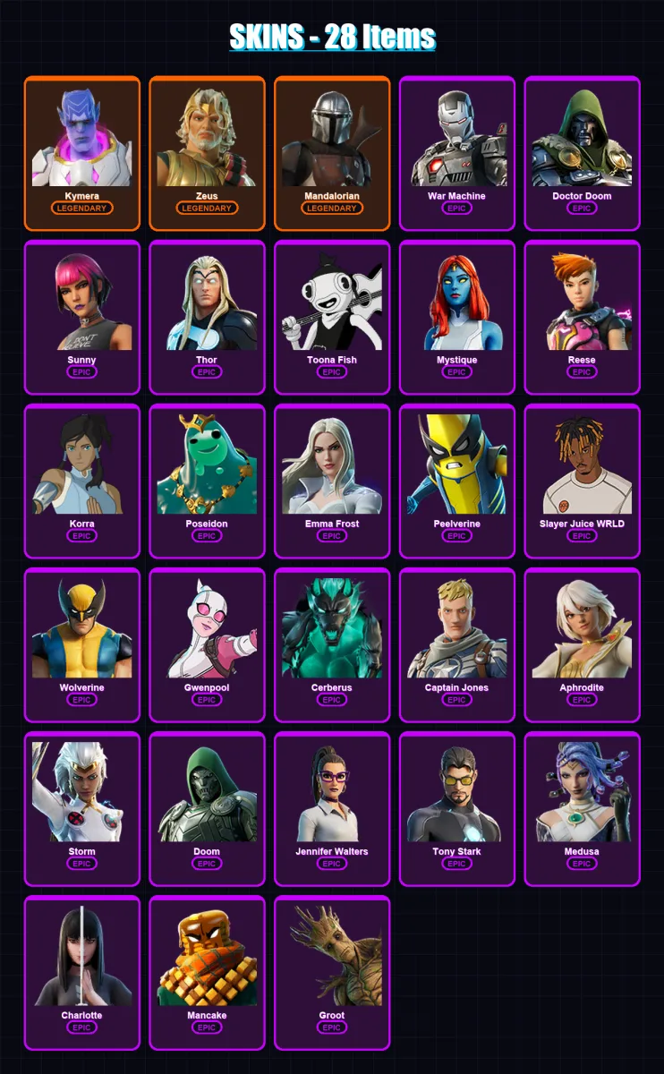 [PC/XBOX] | Kymera | Zeus | Mandalorian | War Machine | Doctor Doom | 28 skin | 50 pickaxe | 26 emote | 39 glider | Lv507