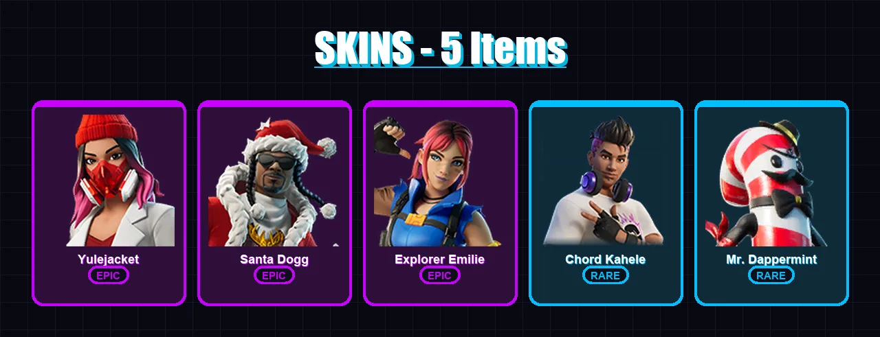 [PC/XBOX/PSN] | Yulejacket | Santa Dogg | Explorer Emilie | Chord Kahele | Mr. Dappermint | 5 skin | 9 pickaxe | 4 emote | 9 glider | Lv80
