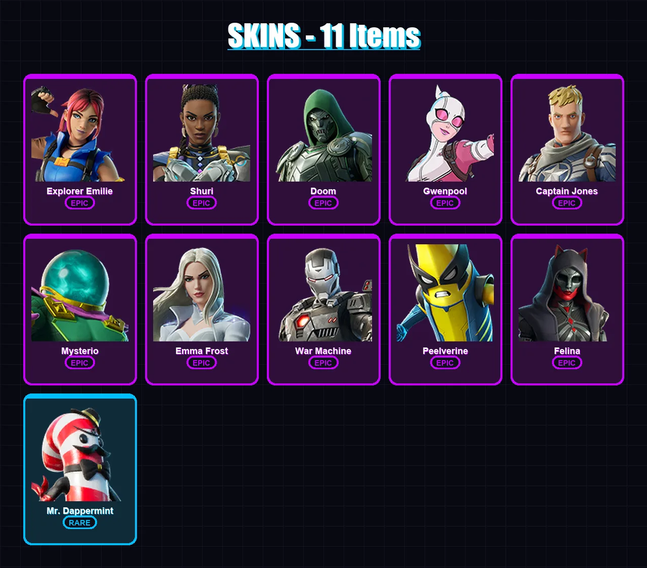 [PC/PSN] | Explorer Emilie | Shuri | Doom | Gwenpool | Captain Jones | 11 skin | 19 pickaxe | 14 emote | 16 glider | Lv192
