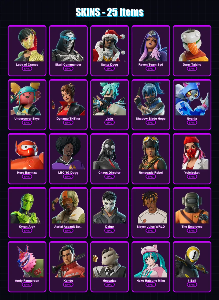 [PC/XBOX/PSN] | Lady of Cranes | Skull Commander | Santa Dogg | Raven Team Syd | Durrr Taisho | 25 skin | 42 pickaxe | 27 emote | 25 glider | Lv188