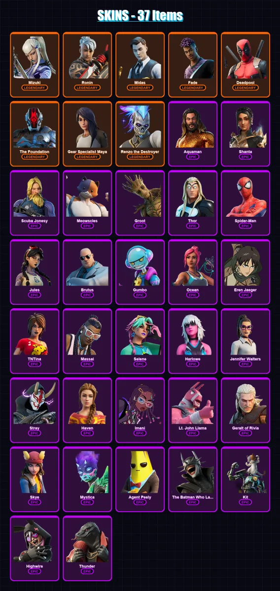 [PC/PSN] | Mizuki | Ronin | Midas | Fade | Deadpool | 37 skin | 49 pickaxe | 41 emote | 47 glider | Lv674 — Fortnite account