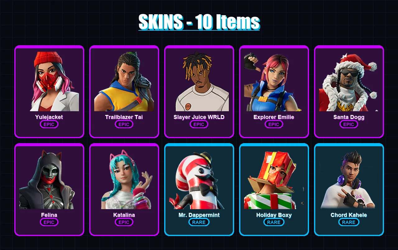 [PC/XBOX/PSN] | Yulejacket | Trailblazer Tai | Slayer Juice WRLD | Explorer Emilie | Santa Dogg | 10 skin | 31 pickaxe | 14 emote | 25 glider | Lv43