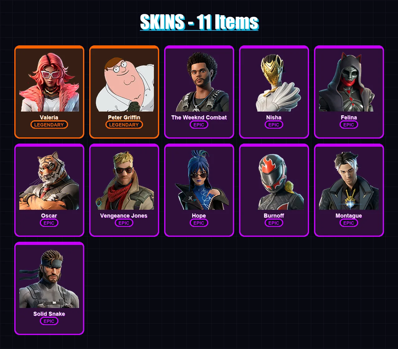 [PC] | Valeria | Peter Griffin | The Weeknd Combat | Nisha | Felina | 11 skin | 35 pickaxe | 20 emote | 29 glider | Lv369