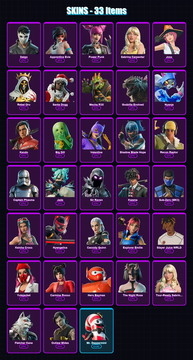 [PC/XBOX/PSN] | Daigo | Apprentice Evie | Power Punk | Sabrina Carpenter | Joss | 33 skin | 48 pickaxe | 41 emote | 31 glider | Lv392