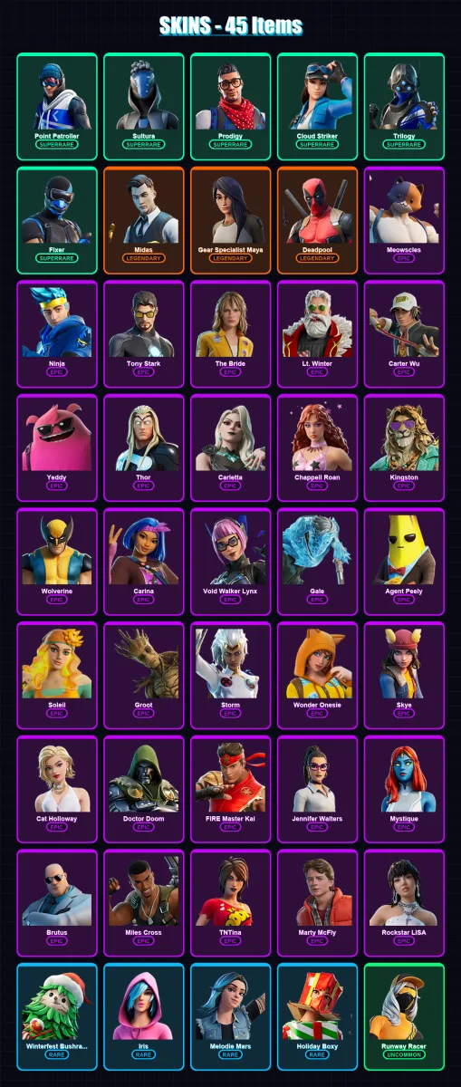 [PC] | Point Patroller | Sultura | Prodigy | Cloud Striker | Trilogy | 45 skin | 78 pickaxe | 58 emote | 60 glider | Lv766