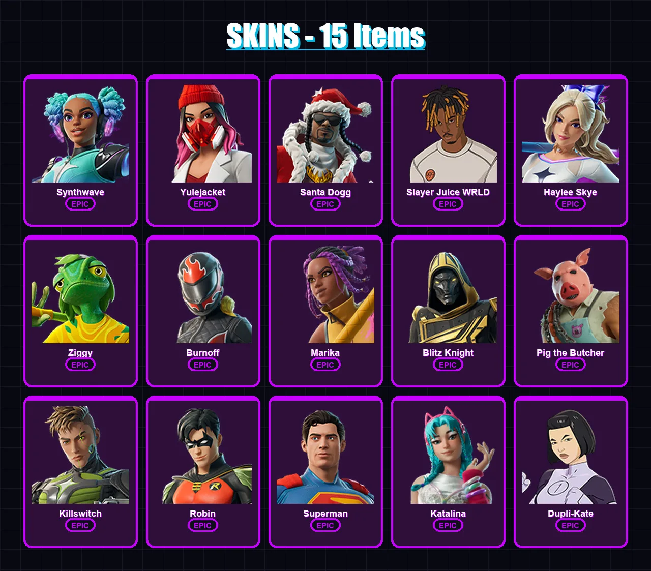 [PC/PSN] | Synthwave | Yulejacket | Santa Dogg | Slayer Juice WRLD | Haylee Skye | 15 skin | 56 pickaxe | 29 emote | 41 glider | Lv440