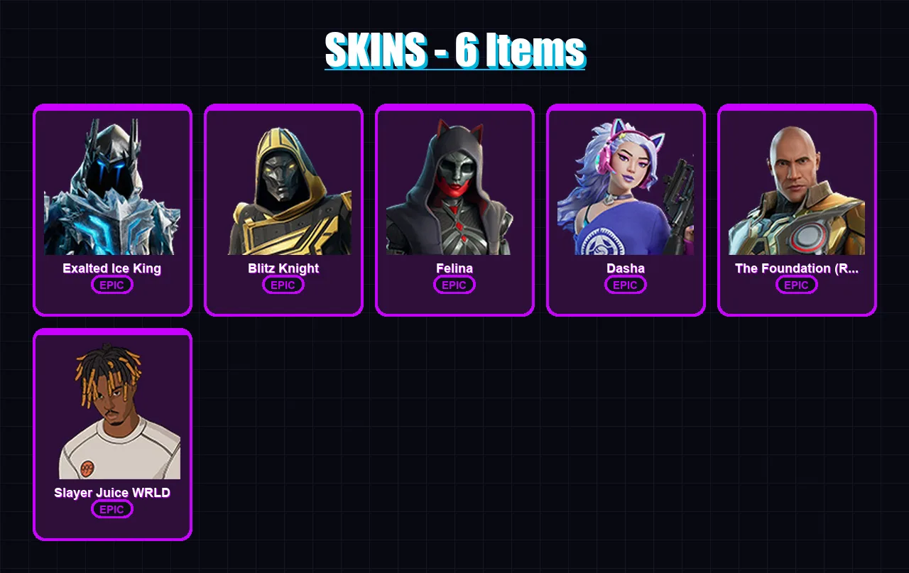 [PC/XBOX/PSN] | Exalted Ice King | Blitz Knight | Felina | Dasha | The Foundation (Reforged) | 6 skin | 55 pickaxe | 22 emote | 37 glider | Lv583