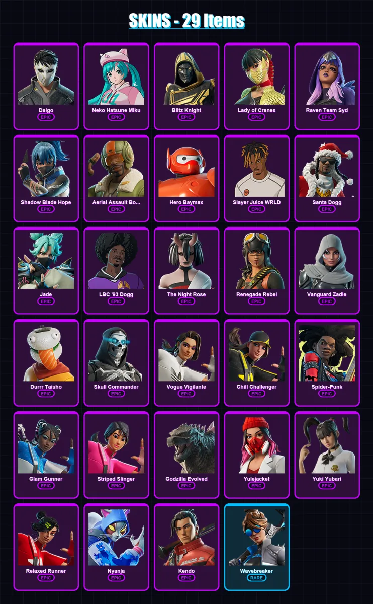 [PC/XBOX/PSN] | Daigo | Neko Hatsune Miku | Blitz Knight | Lady of Cranes | Raven Team Syd | 29 skin | 77 pickaxe | 37 emote | 40 glider | Lv697