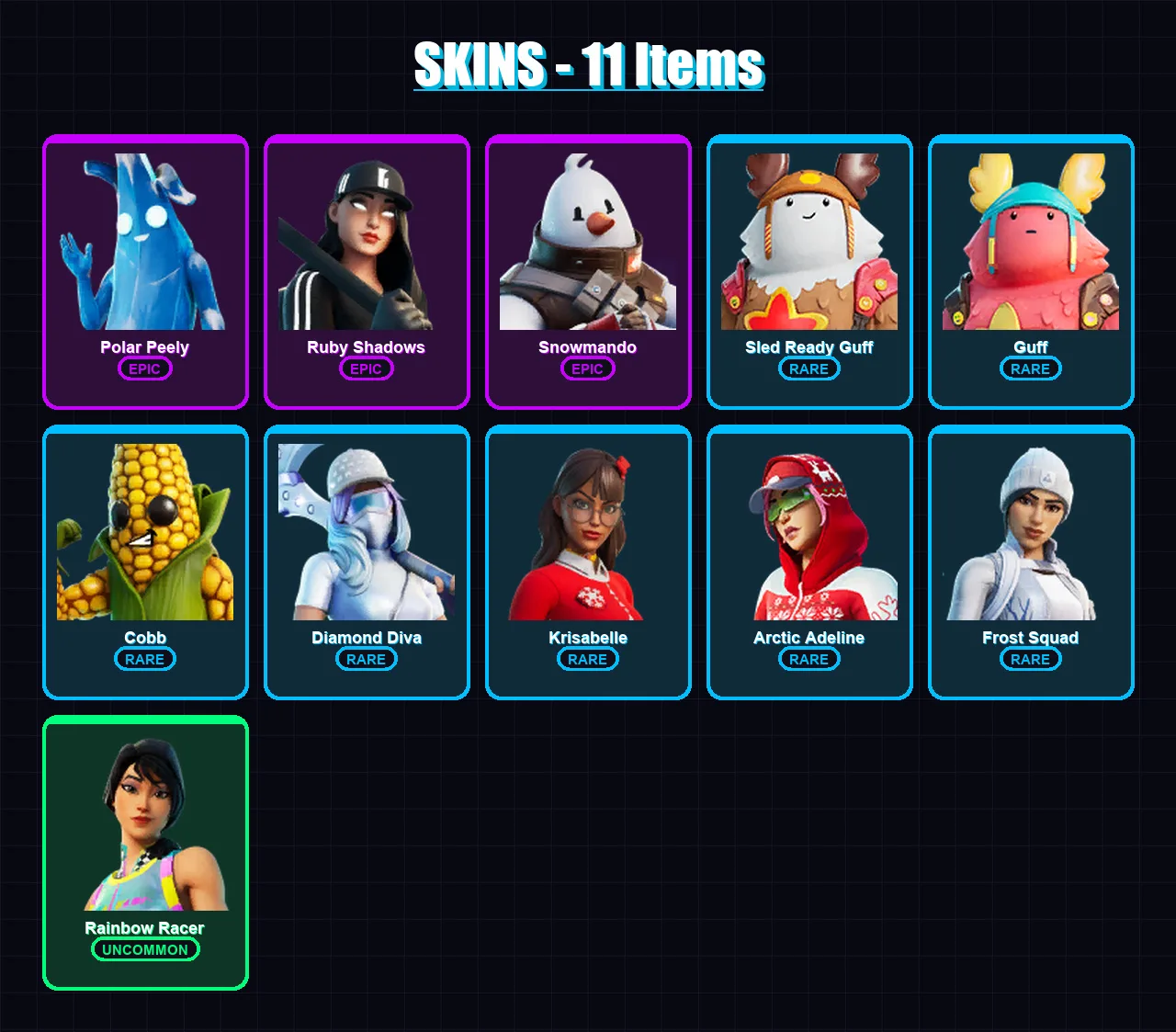 [PC/PSN] | Polar Peely | Ruby Shadows | Snowmando | Sled Ready Guff | Guff | 11 skin | 24 pickaxe | 20 emote | 25 glider | Lv399