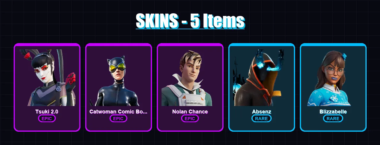 [PC/XBOX/PSN] | Tsuki 2.0 | Catwoman Comic Book Outfit | Nolan Chance | Absenz | Blizzabelle | 5 skin | 15 pickaxe | 10 emote | 11 glider | Lv232