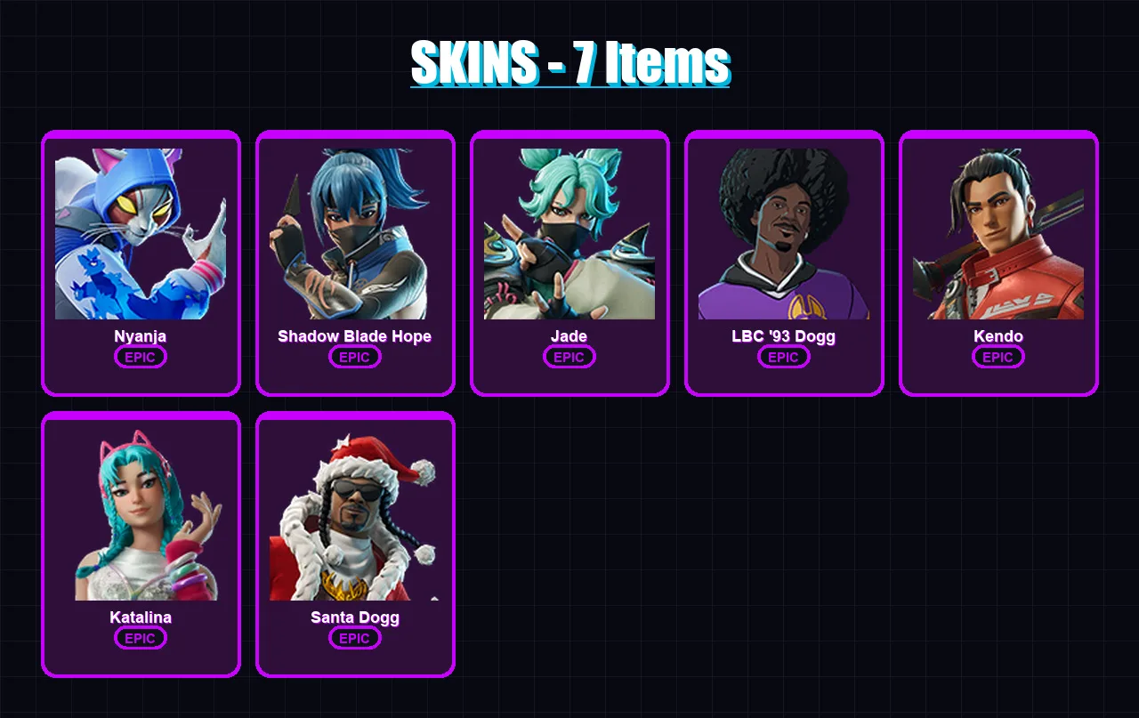 [PC/PSN] | Nyanja | Shadow Blade Hope | Jade | LBC '93 Dogg | Kendo | 7 skin | 19 pickaxe | 11 emote | 11 glider | Lv76