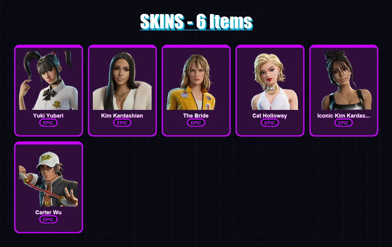 [PC/XBOX/PSN] | Yuki Yubari | Kim Kardashian | The Bride | Cat Holloway | Iconic Kim Kardashian | 6 skin | 16 pickaxe | 11 emote | 14 glider | Lv103