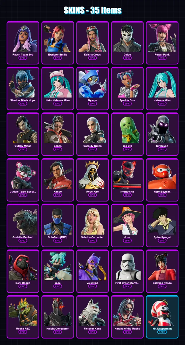 [PC/PSN] | Raven Team Syd | Explorer Emilie | Keisha Cross | Daigo | Power Punk | 35 skin | 40 pickaxe | 36 emote | 31 glider | Lv239
