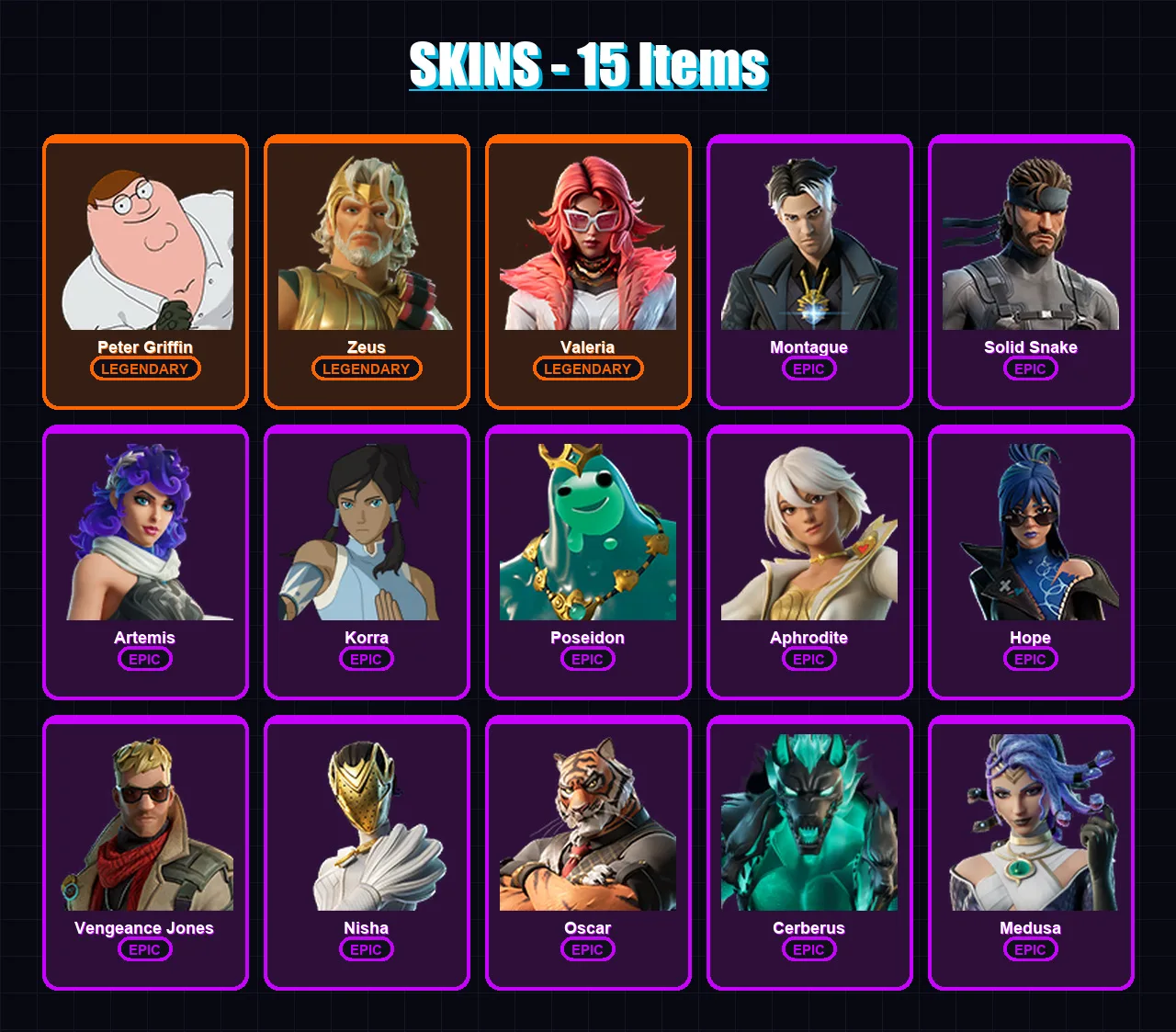 [PC/XBOX/PSN] | Peter Griffin | Zeus | Valeria | Montague | Solid Snake | 15 skin | 21 pickaxe | 16 emote | 16 glider | Lv186