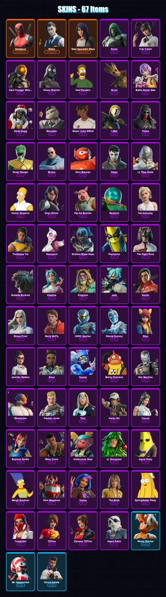 [PC/XBOX/PSN] | Deadpool | Midas | Gear Specialist Maya | Doom | Yuki Yubari | 67 skin | 116 pickaxe | 90 emote | 87 glider | Lv1973