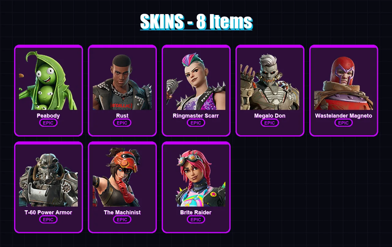 [PS4/PS5/XBOX/PC] | Peabody | Rust | Ringmaster Scarr | Megalo Don | Wastelander Magneto | 8 skin | 23 pickaxe | 21 emote | 20 glider | Lv518