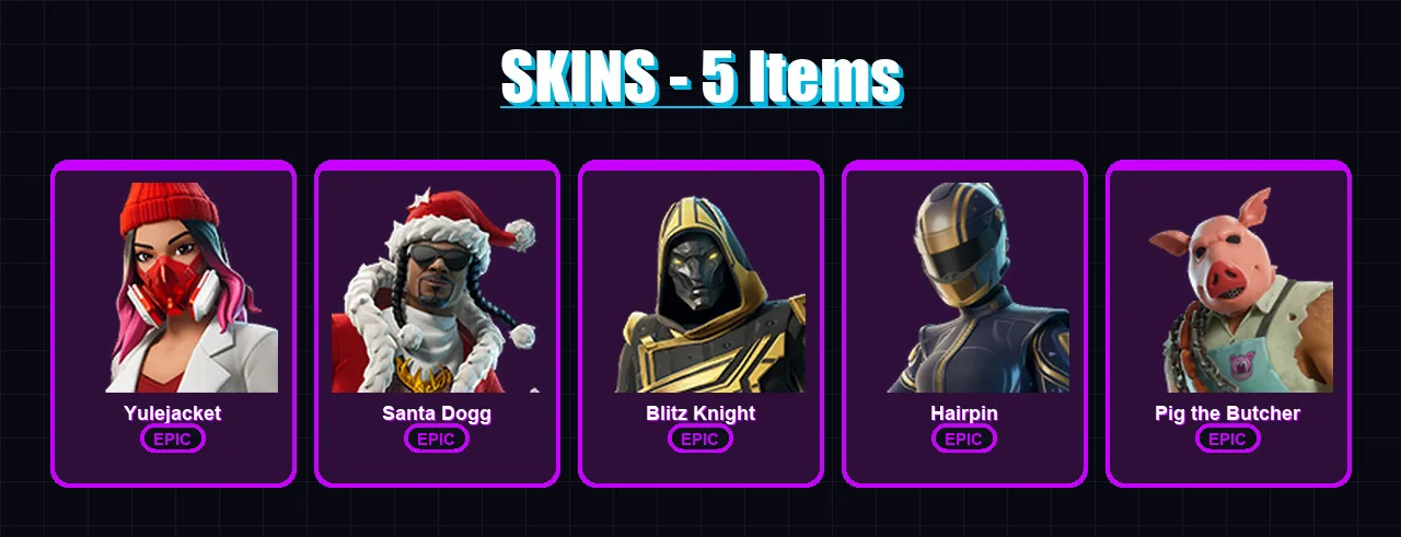 [PC/XBOX/PSN] | Yulejacket | Santa Dogg | Blitz Knight | Hairpin | Pig the Butcher | 5 skin | 29 pickaxe | 12 emote | 22 glider | Lv207
