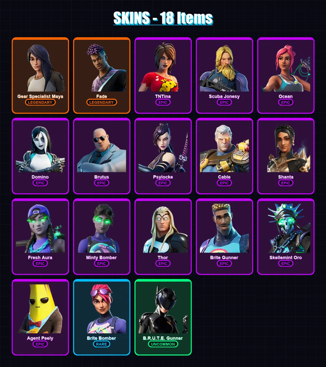 [SWITCH/XBOX/PSN/PC] | Gear Specialist Maya | Fade | TNTina | Scuba Jonesy | Ocean | 18 skin | 11 pickaxe | 9 emote | 11 glider | Lv86 — Fortnite account