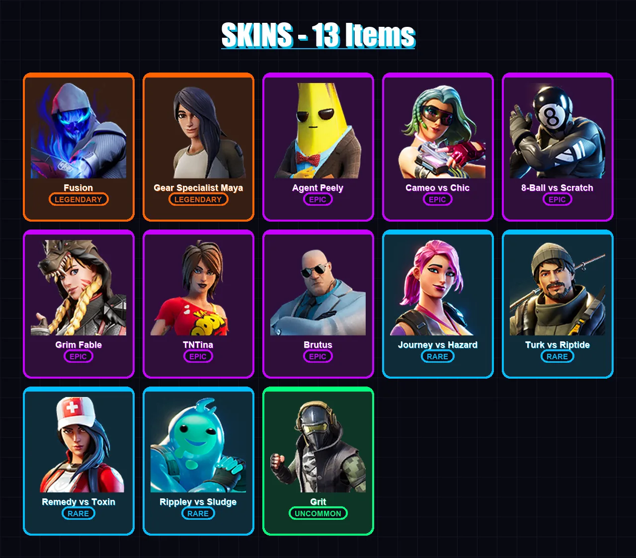 [PC/XBOX/PSN] | Fusion | Gear Specialist Maya | Agent Peely | Cameo vs Chic | 8-Ball vs Scratch | 13 skin | 13 pickaxe | 13 emote | 15 glider | Lv21