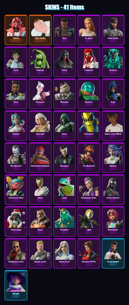 [PC/PSN] | Valeria | Peter Griffin | Rust | Ice Spice | Solid Snake | 41 skin | 69 pickaxe | 43 emote | 47 glider | Lv676