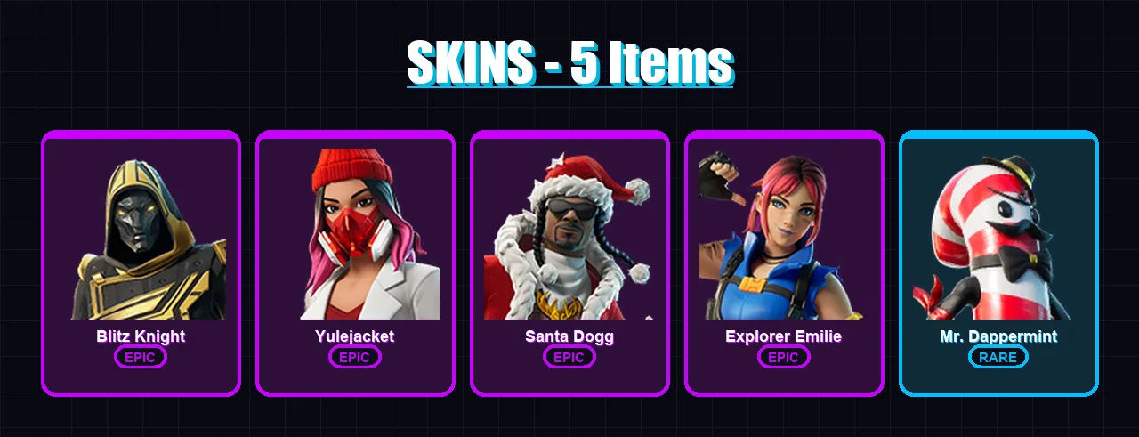 [PC/XBOX] | Blitz Knight | Yulejacket | Santa Dogg | Explorer Emilie | Mr. Dappermint | 5 skin | 14 pickaxe | 6 emote | 7 glider | Lv70