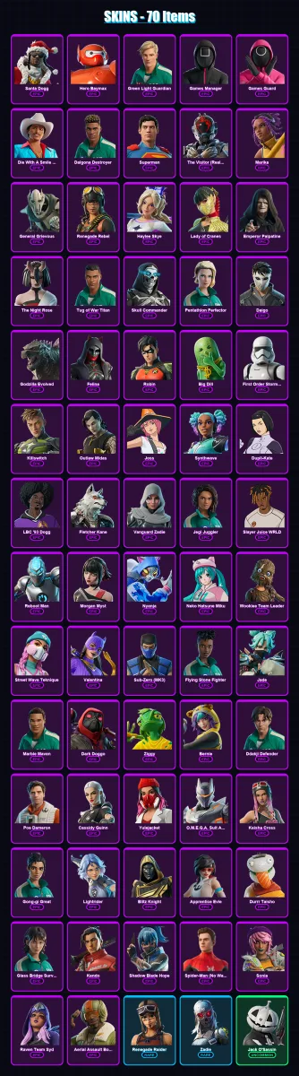 [PC/PSN] | Santa Dogg | Hero Baymax | Green Light Guardian | Games Manager | Games Guard | 70 skin | 92 pickaxe | 57 emote | 62 glider | Lv1323